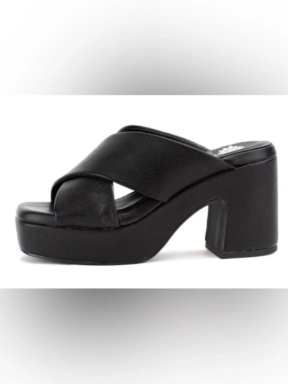 Yellow Box Black Crisscross Platform Slide Heels: Size 7.5